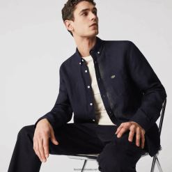 Lacoste cămașă din in, cu potrivire obișnuită 0H6PD41650 bărbați bleumarin 166