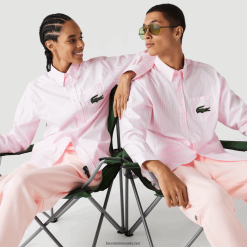Lacoste cămașă mare din bumbac crocodil cu potrivire relaxată 0H6PD4412 bărbați alb roz deschis 7fd
