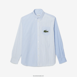 Lacoste cămașă mare din bumbac cu dungi de crocodil 0H6PD4494 bărbați alb albastru f6z