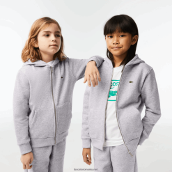 Lacoste hanorac cu glugă și fermoar cu buzunar cangur 0H6PD43191 copii grey chine cca