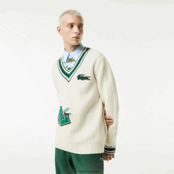Lacoste pulover cu insignă comică 0H6PD41377 bărbați alb verde x0n