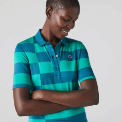 Lacoste pulover de golf din tricou sport cu dungi 0H6PD42489 femei verde kxd