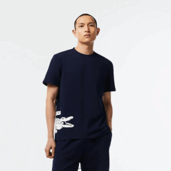 Lacoste tricou cu imprimeu contrast din jerseu de bumbac 0H6PD4495 bărbați bleumarin alb 525